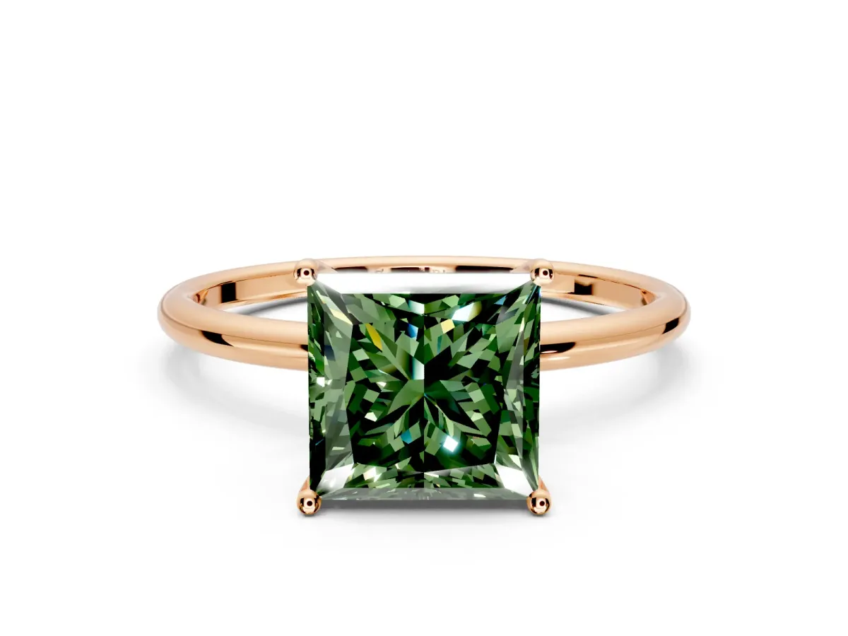 Solitaire Engagement Ring Setting for Fancy Green Princess Cut Center with Straight Thin Band and Prong Head in Rose Gold