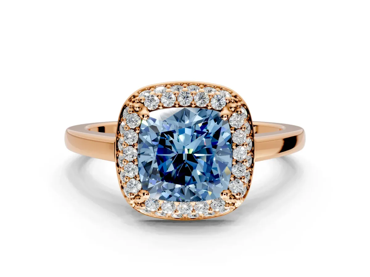 Halo Engagement Ring Setting for Fancy Blue Cushion Cut Center with Plain Tapered Band and Prong Head in Rose Gold