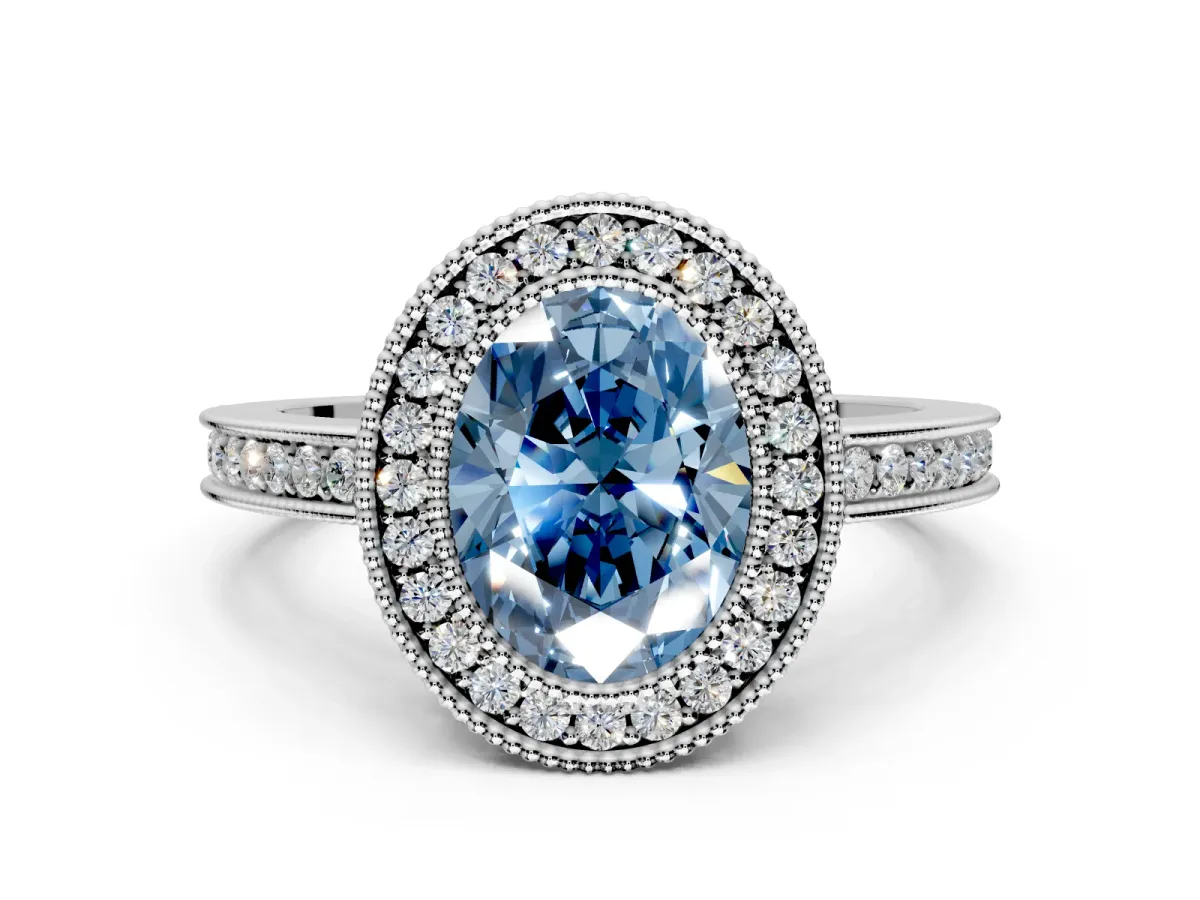Halo Engagement Ring Setting for Fancy Blue Oval Center with Milgrain Halo, Pave Band and Prong Head in Sterling Silver