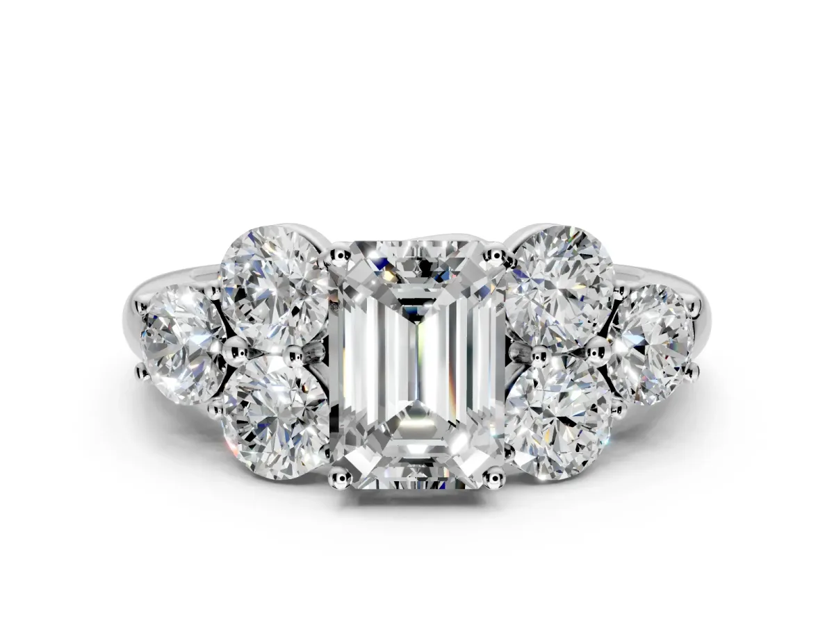 Cluster Engagement Ring Setting for Emerald Cut Center with Round Cut Accent Frame and Prong Head in White Gold