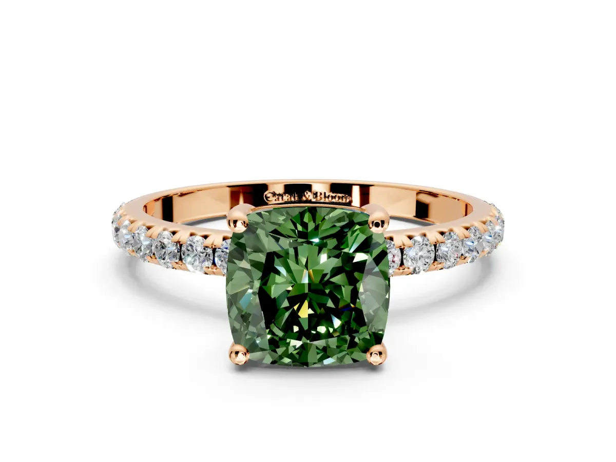 Solitaire Engagement Ring Setting for Fancy Green Cushion Cut Center with Micro Pave Band and Prong Head in Rose Gold