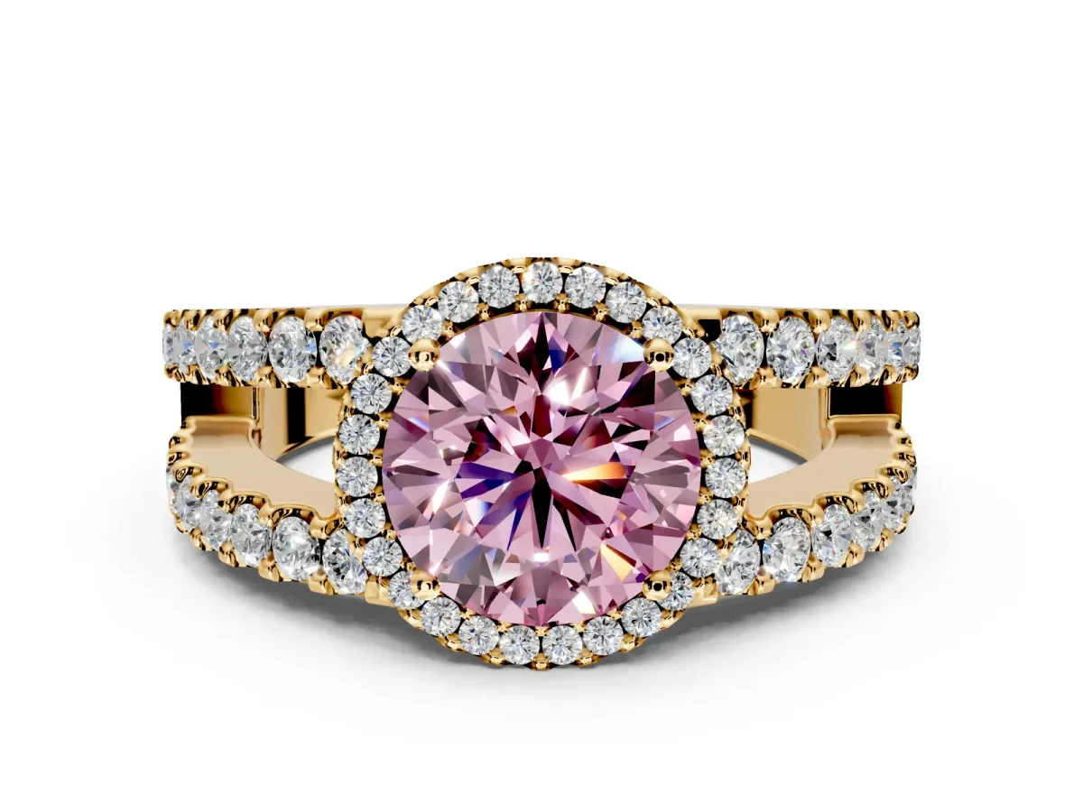 Halo Engagement Ring Setting for Fancy Pink Round Cut Center with Wide-Open Pave Split Shank and Prong Head in Yellow Gold