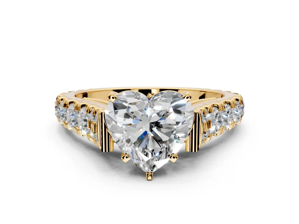 Solitaire Engagement Ring Setting for Heart-Shaped Center with Pave Cathedral Shoulders and Prong Head in Yellow Gold