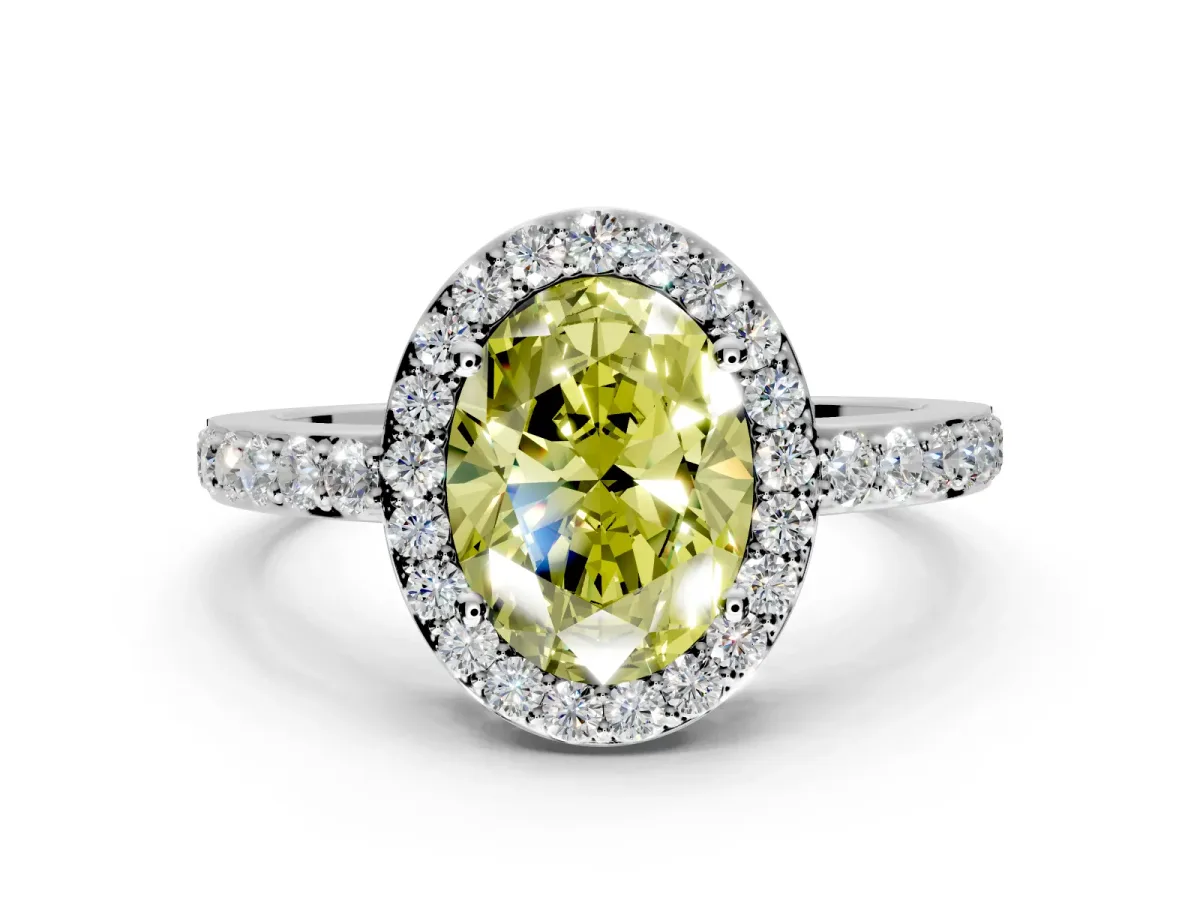 Halo Engagement Ring Setting for Fancy Yellow Oval Center with Heart-Shaped Openwork, Pave Band and Prong Head in Platinum