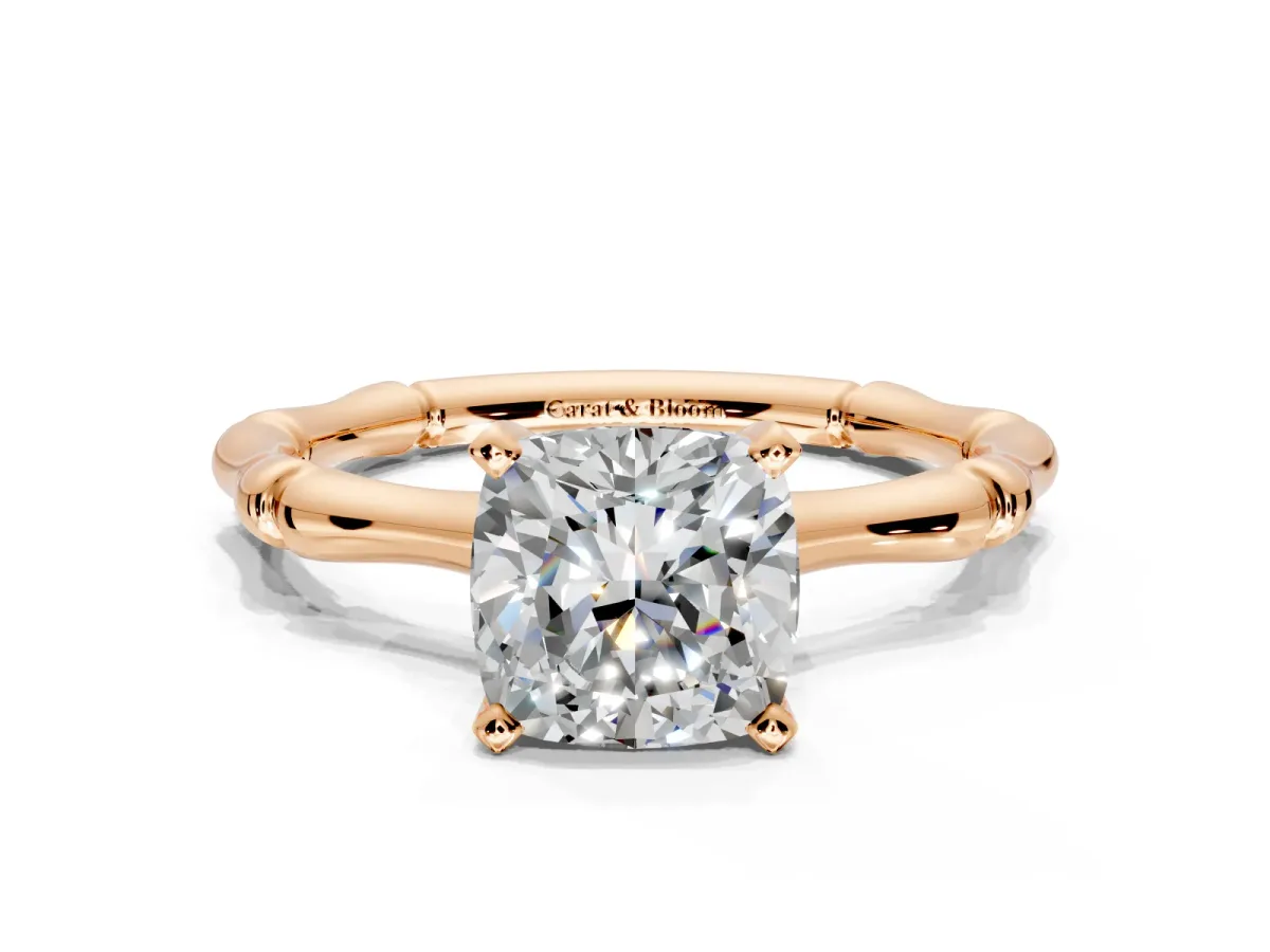 Solitaire Engagement Ring Setting for Cushion Cut Center with Bamboo Band and Prong Head in Rose Gold