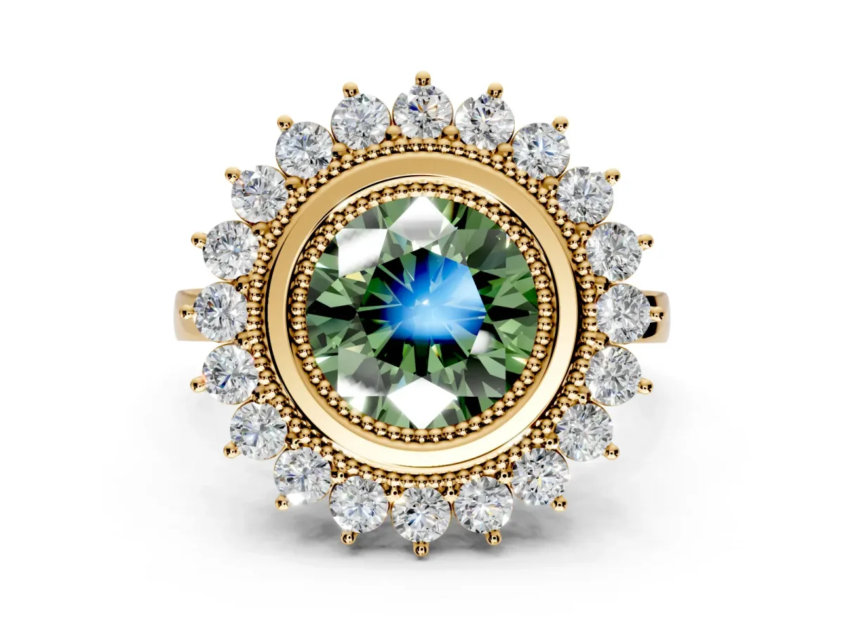 Halo Engagement Ring Setting for Fancy Green Round Cut Center with Milgrain Bezel Rim, Plain Band and Prong Head in Yellow Gold