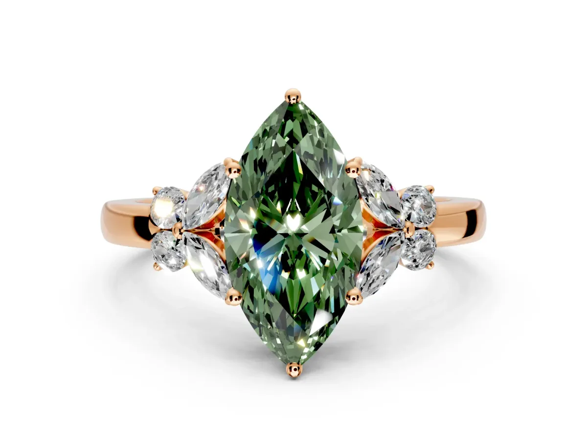 Solitaire Engagement Ring Setting for Fancy Green Marquise Center with Marquise Flower Shoulders and Prong Head in Rose Gold