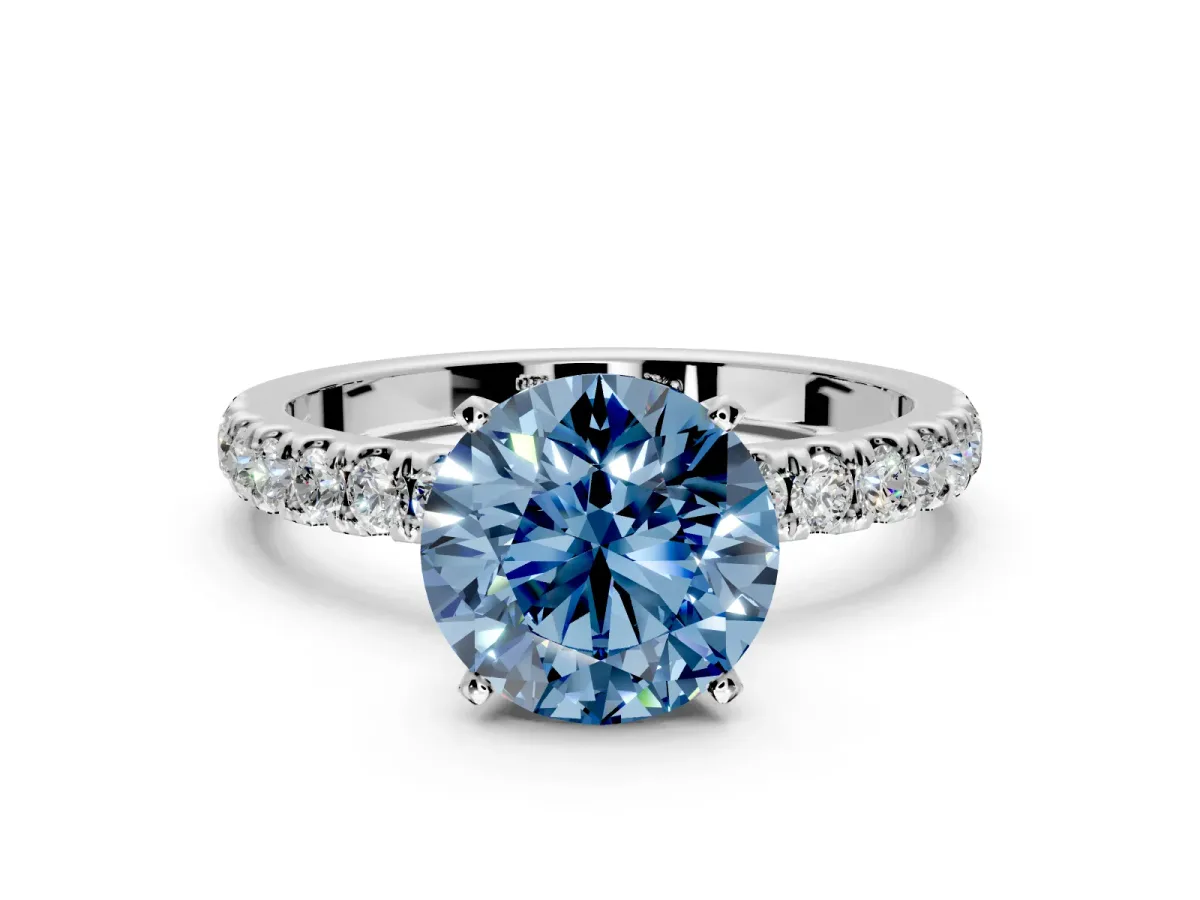 Open Basket Engagement Ring Setting for Fancy Blue Round Cut Center with Pave Band and Prong Head in Platinum