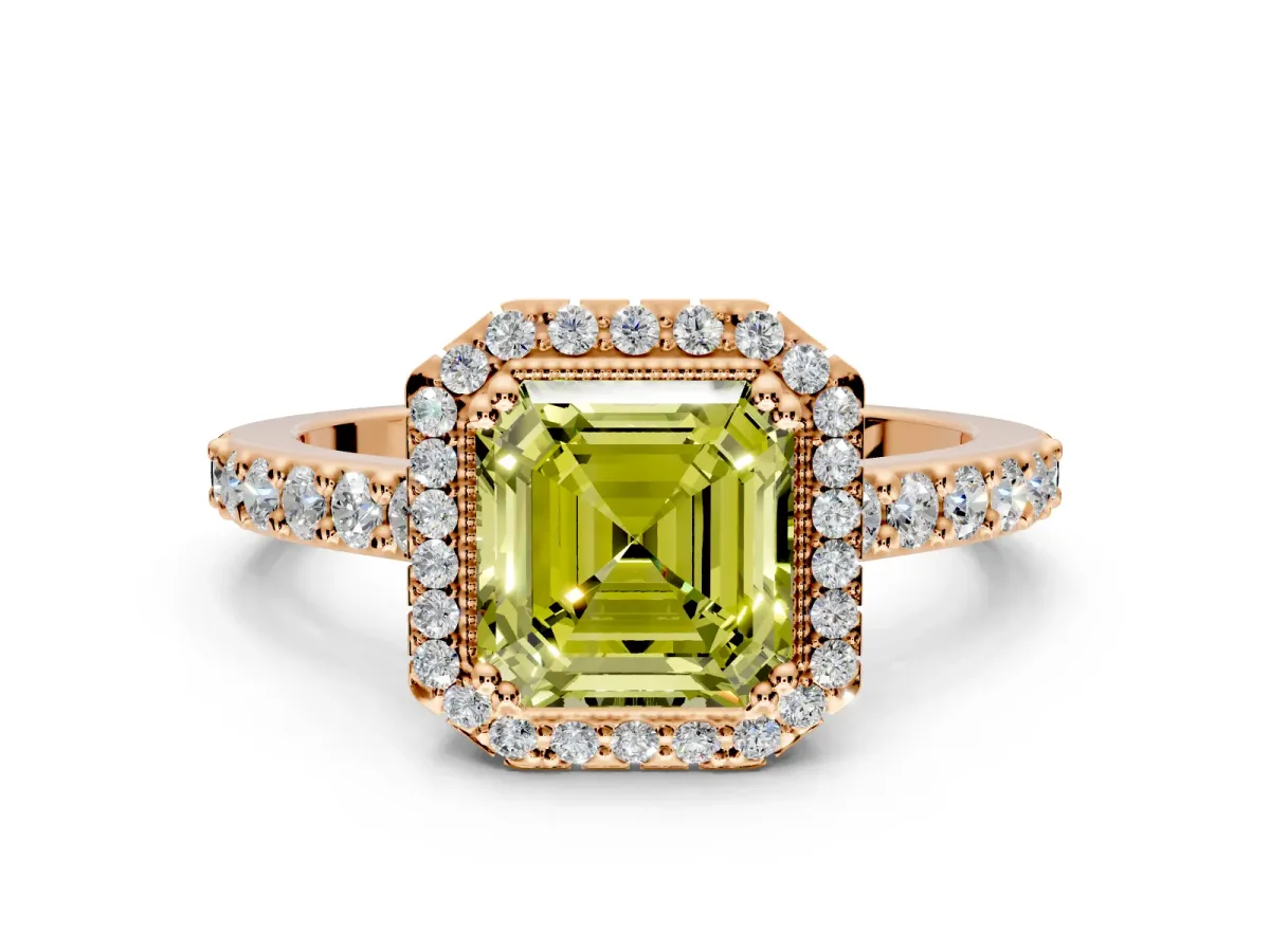 Halo Engagement Ring Setting for Fancy Yellow Asscher Cut Center with Inner Milgrain Border and Prong Head in Rose Gold