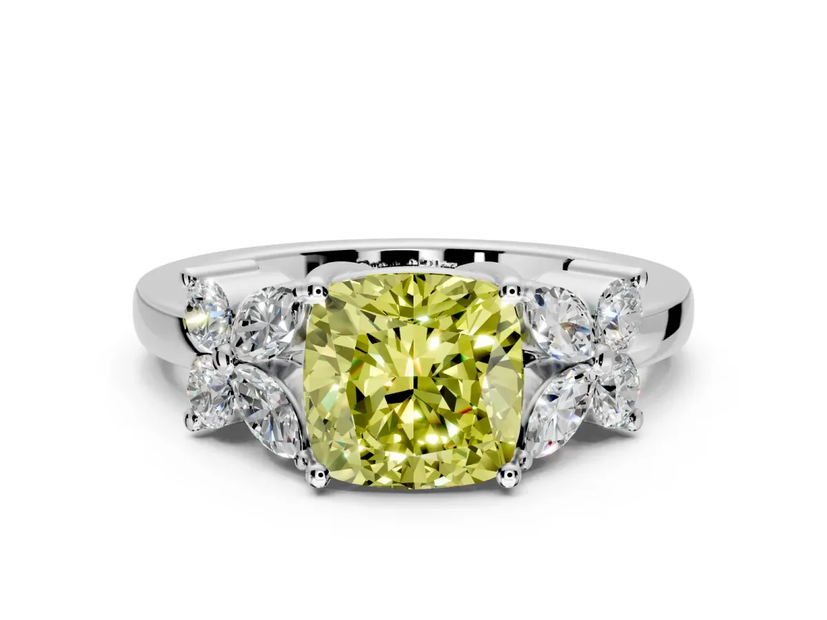 Floral Engagement Ring Setting for Fancy Yellow Cushion Cut Center with Marquise Cluster Shoulders and Prong Head in Platinum