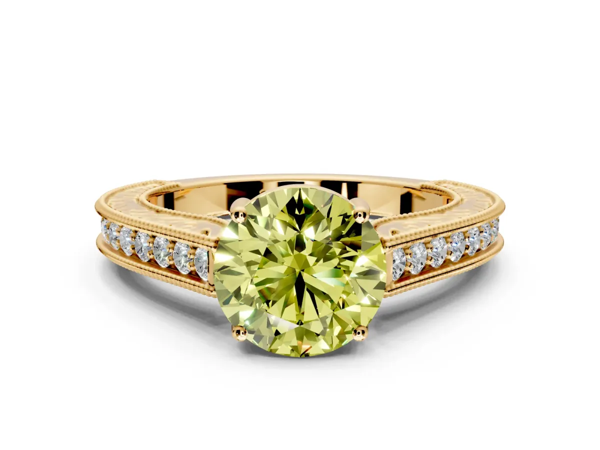 Solitaire Engagement Ring Setting for Fancy Yellow Round Cut Center with Engraved Pave Band and Prong Head in Yellow Gold