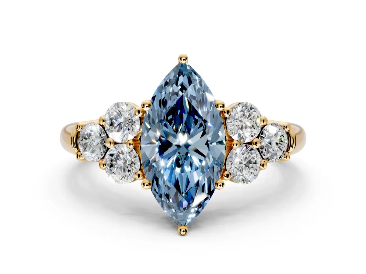 Cluster Engagement Ring Setting for Fancy Blue Marquise Center with Round Cut Accent Frame and Prong Head in Yellow Gold