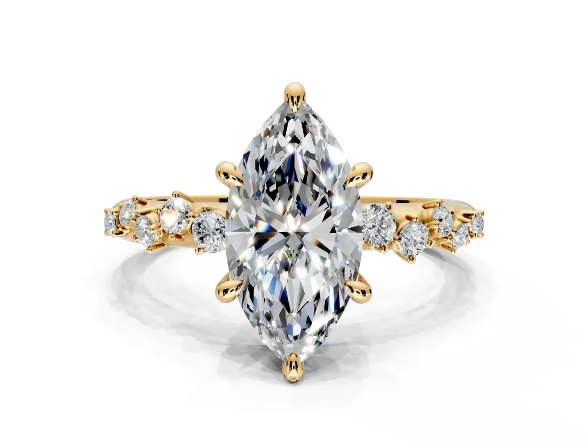 Solitaire Engagement Ring Setting for Marquise Center with Trailing Leaf Accent Band and Prong Head in Yellow Gold