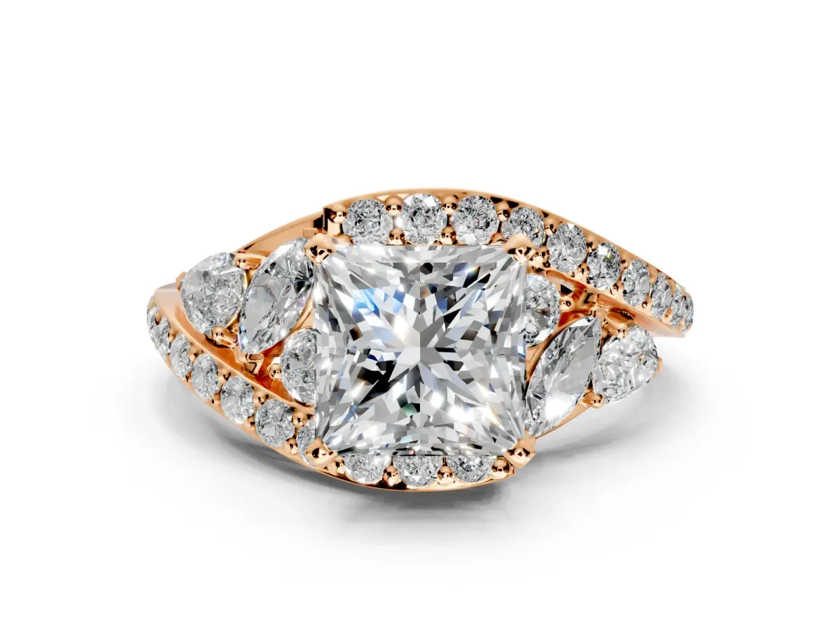 Halo Engagement Ring Setting for Princess Cut Center with Marquise and Pave Bypass Band and Prong Head in Rose Gold