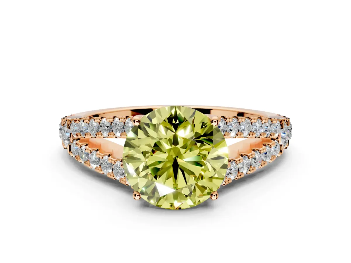 Solitaire Engagement Ring Setting for Fancy Yellow Round Cut Center with Pave Split Shank and Prong Head in Rose Gold