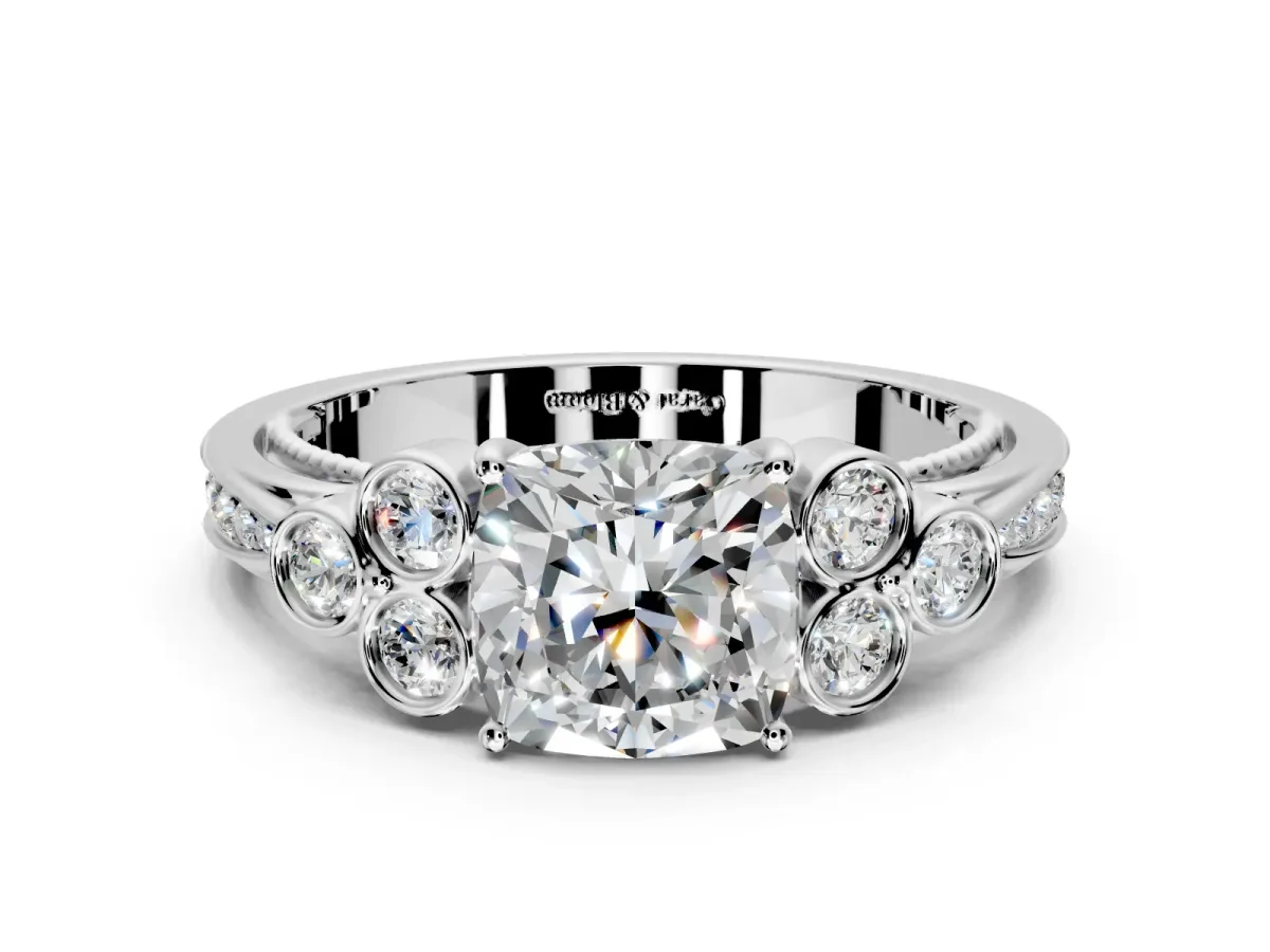 Cluster Engagement Ring Setting for Cushion Cut Center with Bezel Accent Clusters and Prong Head in Platinum