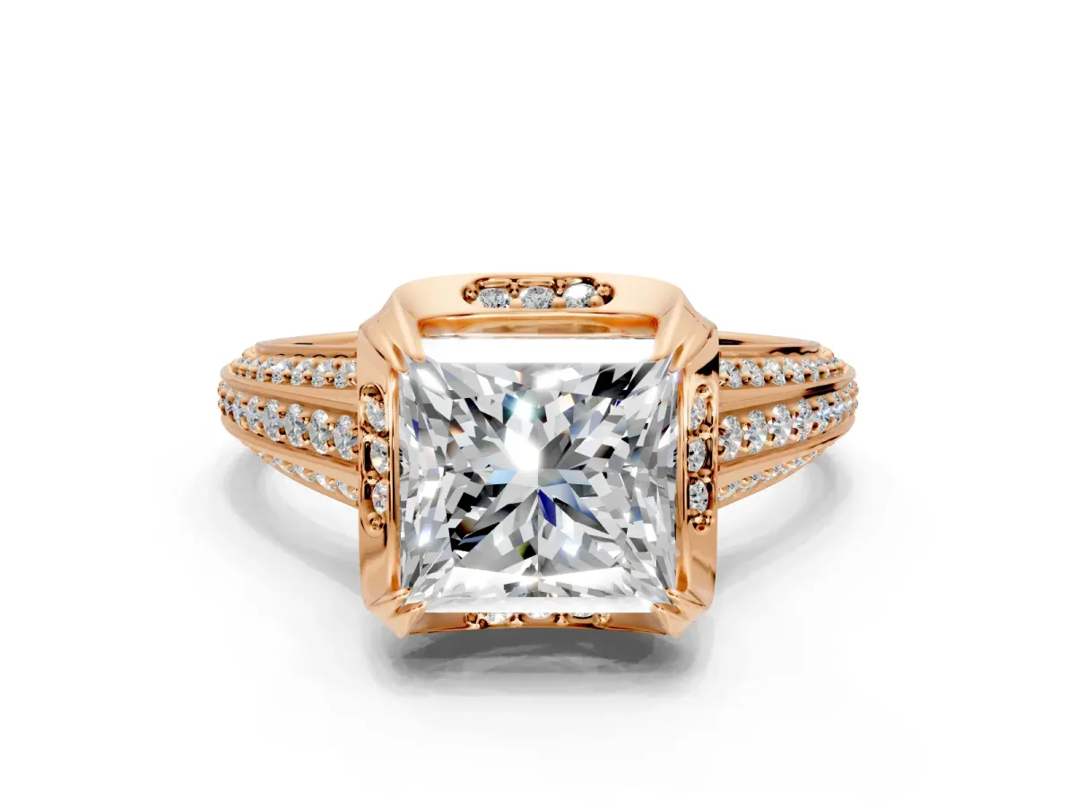 Solitaire Engagement Ring Setting for Princess Cut Center with Accented Split Shank and Prong Head in Rose Gold