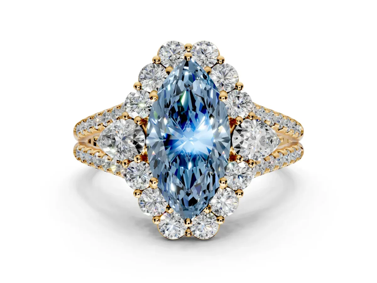 Halo Engagement Ring Setting for Fancy Blue Marquise Center with Two-Strand Split Shank and Prong Head in Yellow Gold