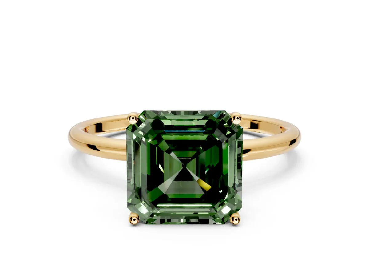 Solitaire Engagement Ring Setting for Fancy Green Asscher Cut Center with Straight Thin Band and Prong Head in Yellow Gold