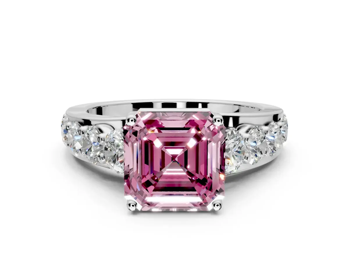 Solitaire Engagement Ring Setting for Fancy Pink Asscher Cut Center with Graduated Shared Prongs and Prong Head in Platinum