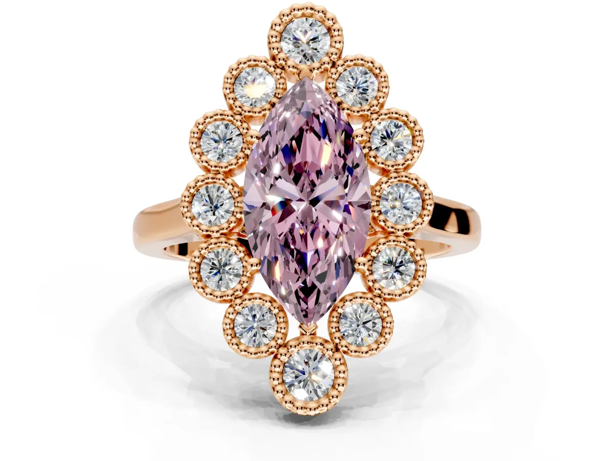Cluster Halo Engagement Ring Setting for Fancy Pink Marquise Center with Milgrain Bezel Accents and Prong Head in Rose Gold