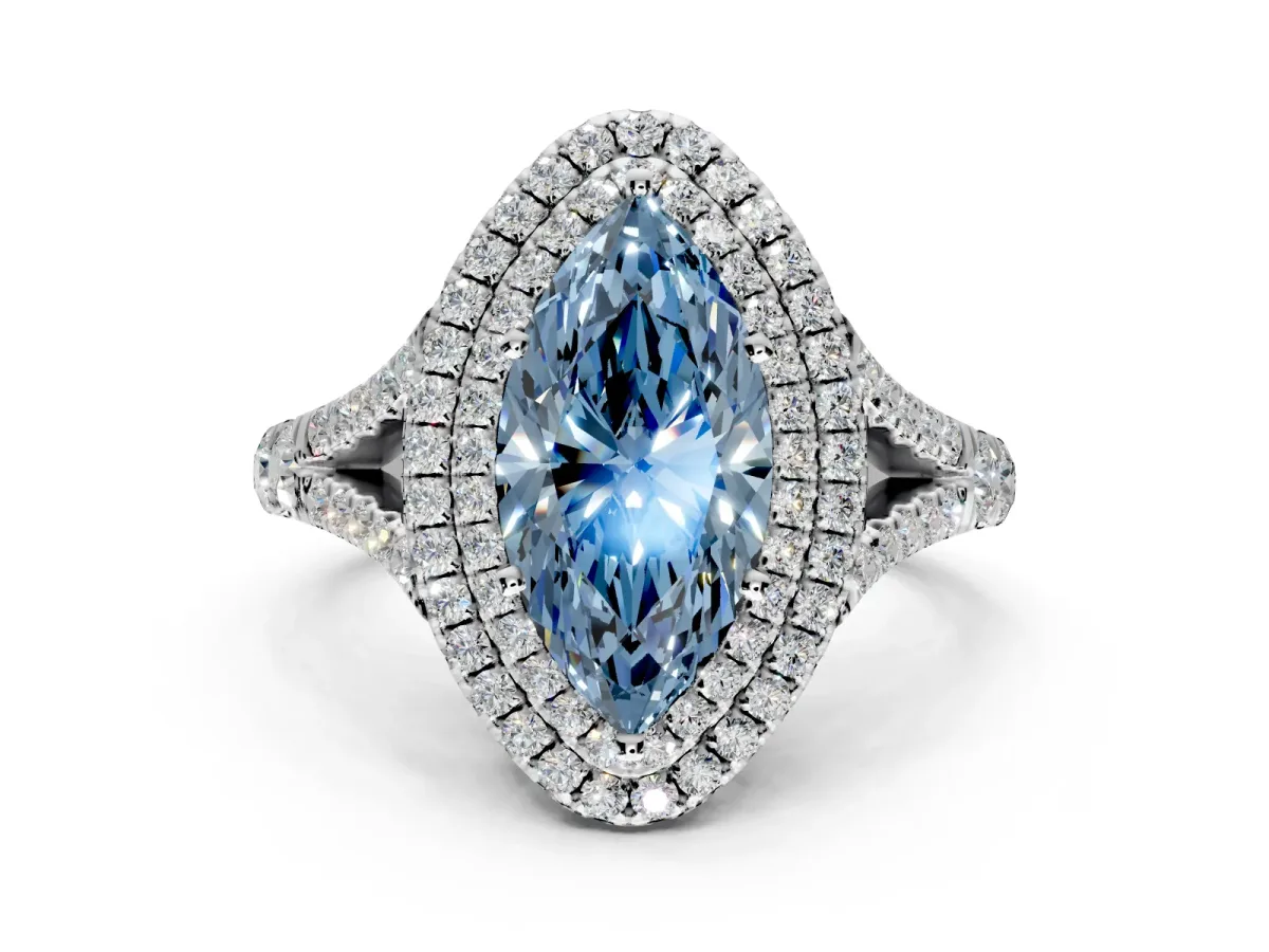 Double Halo Engagement Ring Setting for Fancy Blue Marquise Center with Narrow Pave Split Shank and Prong Head in Platinum