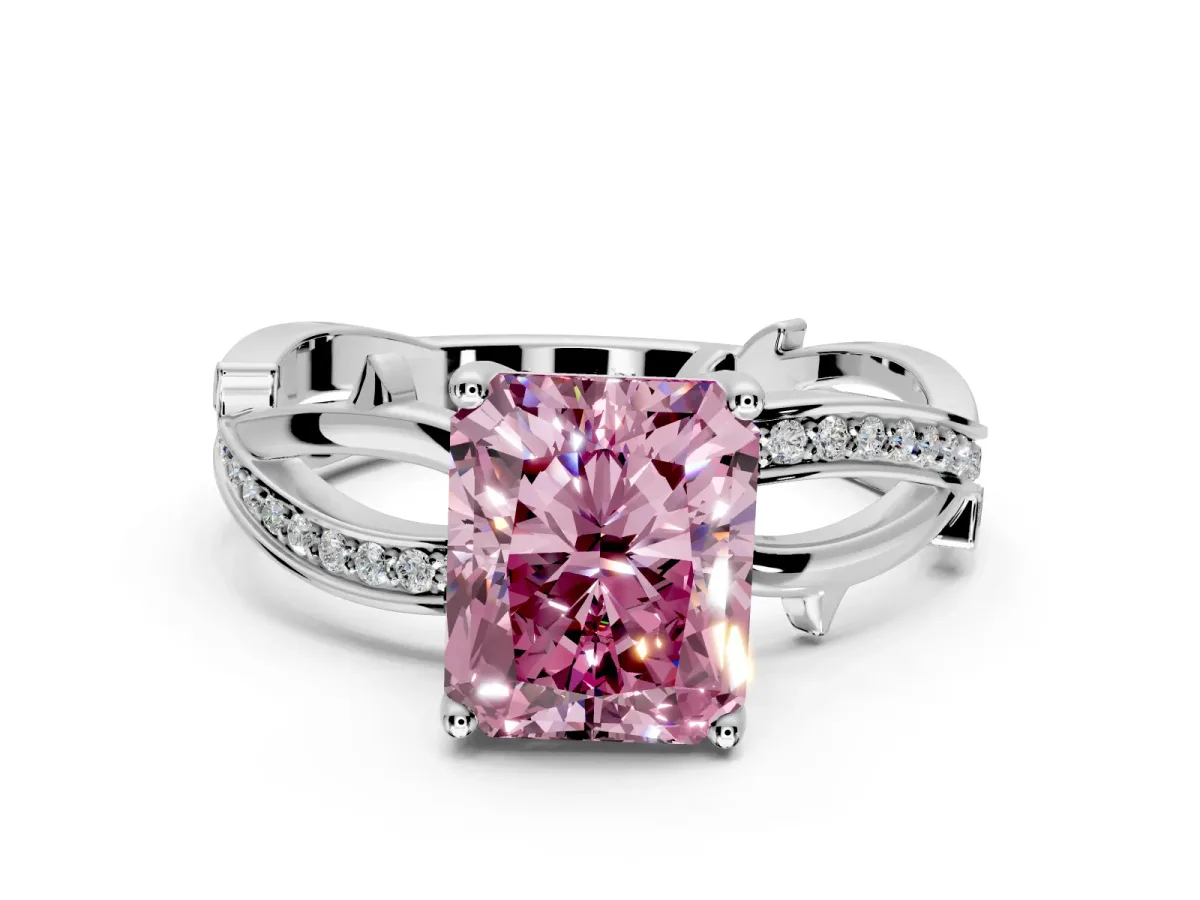 Solitaire Engagement Ring Setting for Fancy Pink Radiant Cut Center with Pave and Plain Crossover Band and Prong Head in Sterling Silver