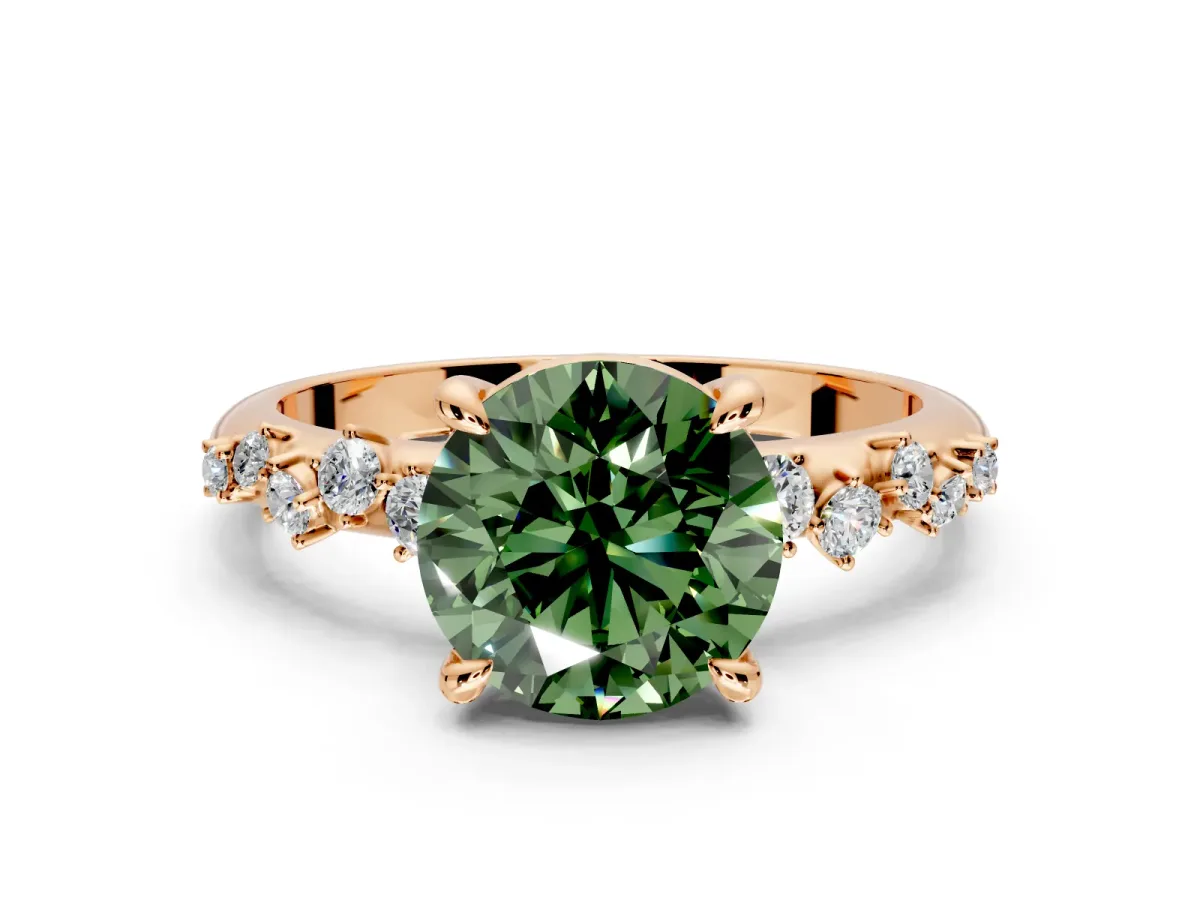 Solitaire Engagement Ring Setting for Fancy Green Round Cut Center with Trailing Leaf Accent Band and Prong Head in Rose Gold