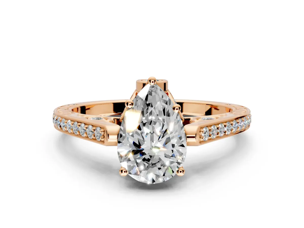 Cathedral Engagement Ring Setting for Pear-Shaped Center with Antique-Style Pave Band and Prong Head in Rose Gold