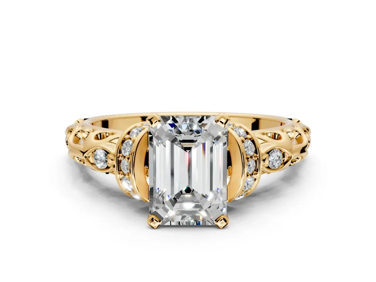 Solitaire Engagement Ring Setting for Emerald Cut Center with Filigree Band and Prong Head in Yellow Gold