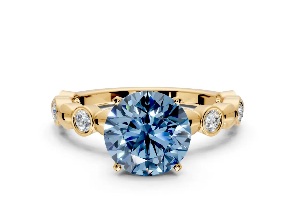 Solitaire Engagement Ring Setting for Fancy Blue Round Cut Center with Beaded Bezel Station Band and Prong Head in Yellow Gold