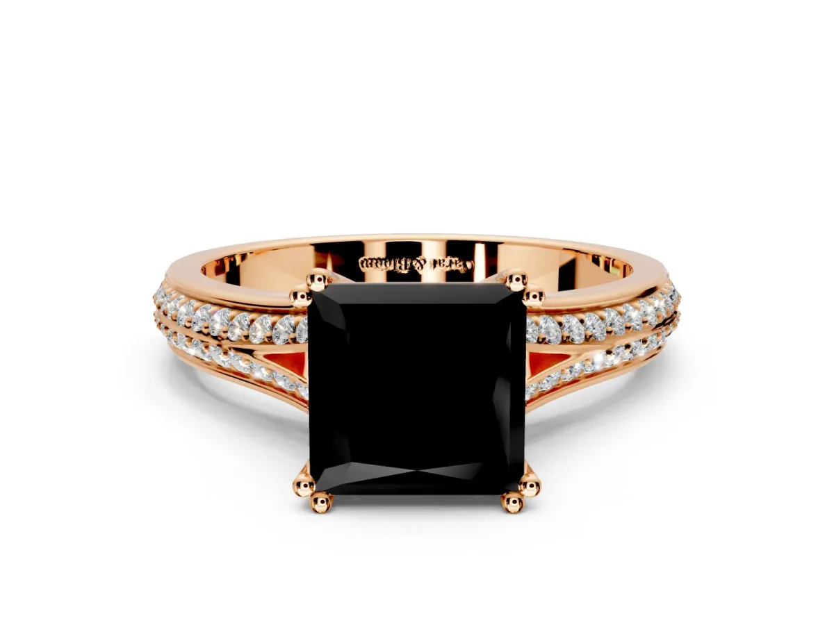 Solitaire Engagement Ring Setting for Fancy Black Princess Cut Center with Pave Rail Split Shank and Prong Head in Rose Gold