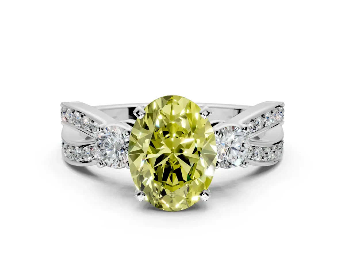 3 Stone Engagement Ring Setting for Fancy Yellow Oval Center with Pave Twist Band and Prong Head in Platinum
