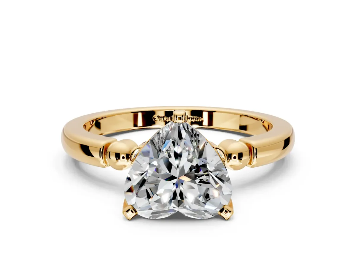 Solitaire Engagement Ring Setting for Heart-Shaped Center with Beaded Shoulders and Prong Head in Yellow Gold