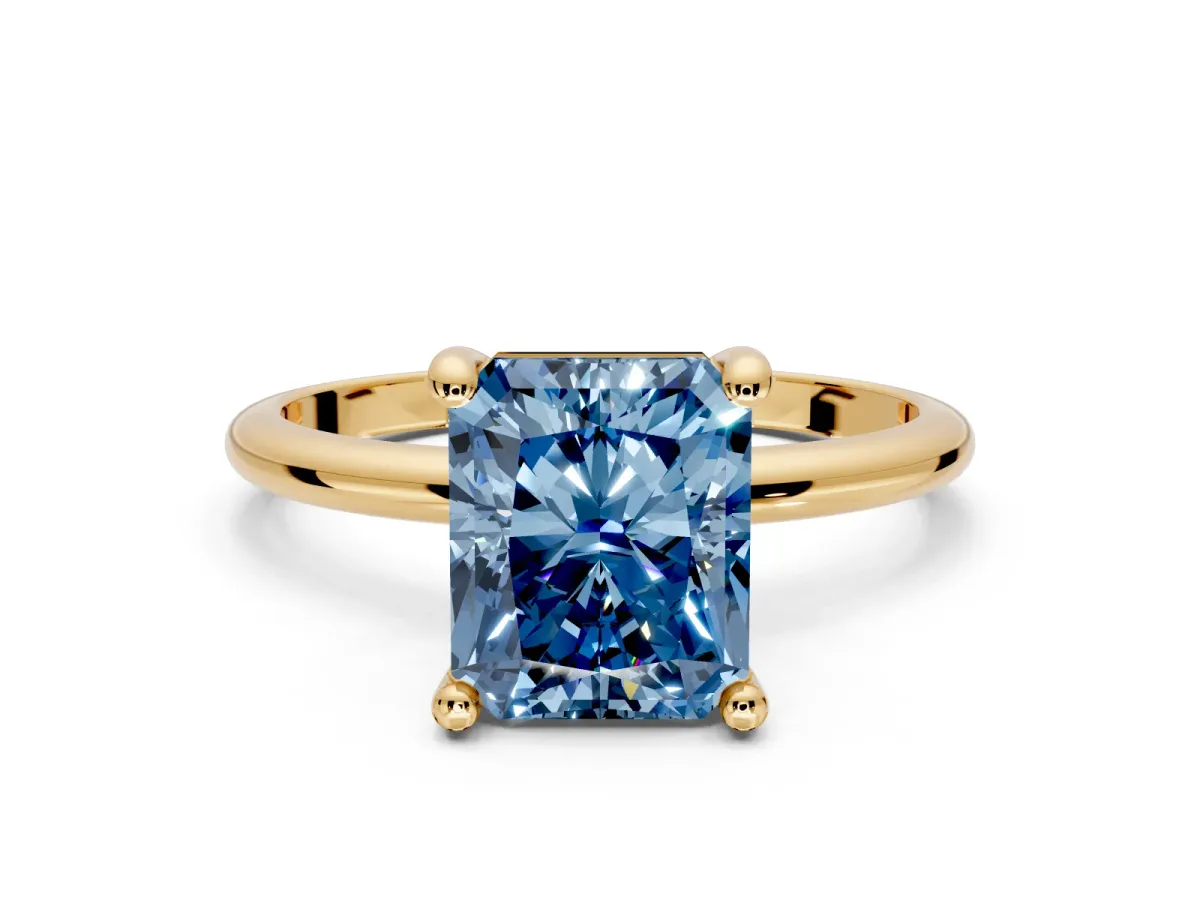 Minimalist Solitaire Engagement Ring Setting for Fancy Blue Radiant Cut Center with Thin Band and Prong Head in Yellow Gold