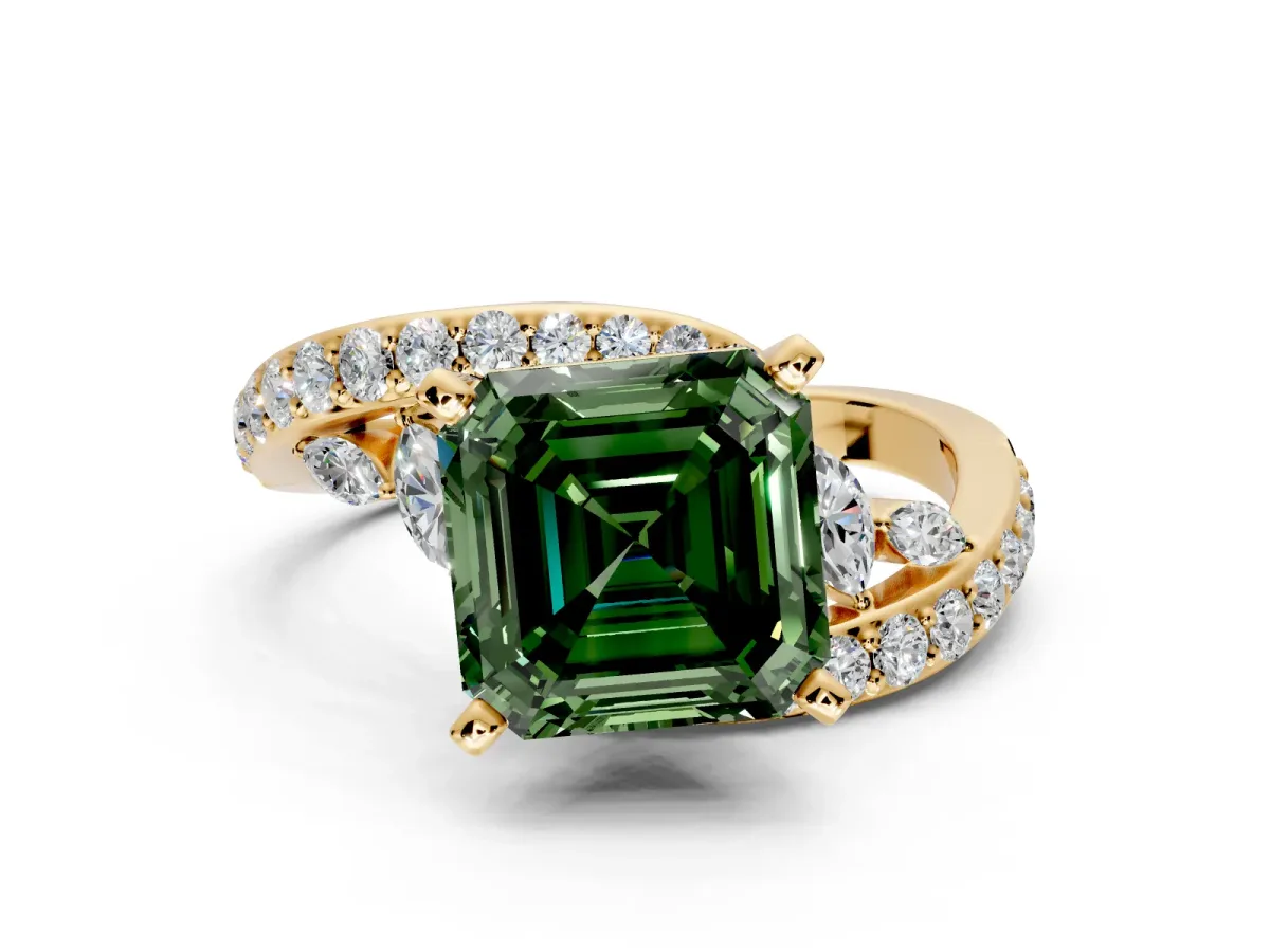 Solitaire Engagement Ring Setting for Fancy Green Asscher Cut Center with Pave Bypass Twist Band and Prong Head in Yellow Gold