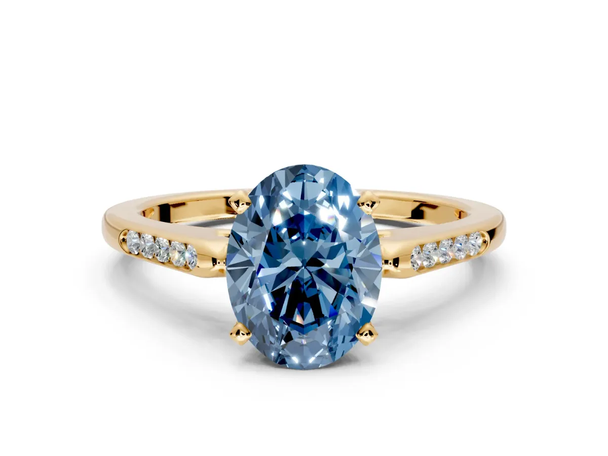 Solitaire Engagement Ring Setting for Fancy Blue Oval Center with Channel Accents and Prong Head in Yellow Gold