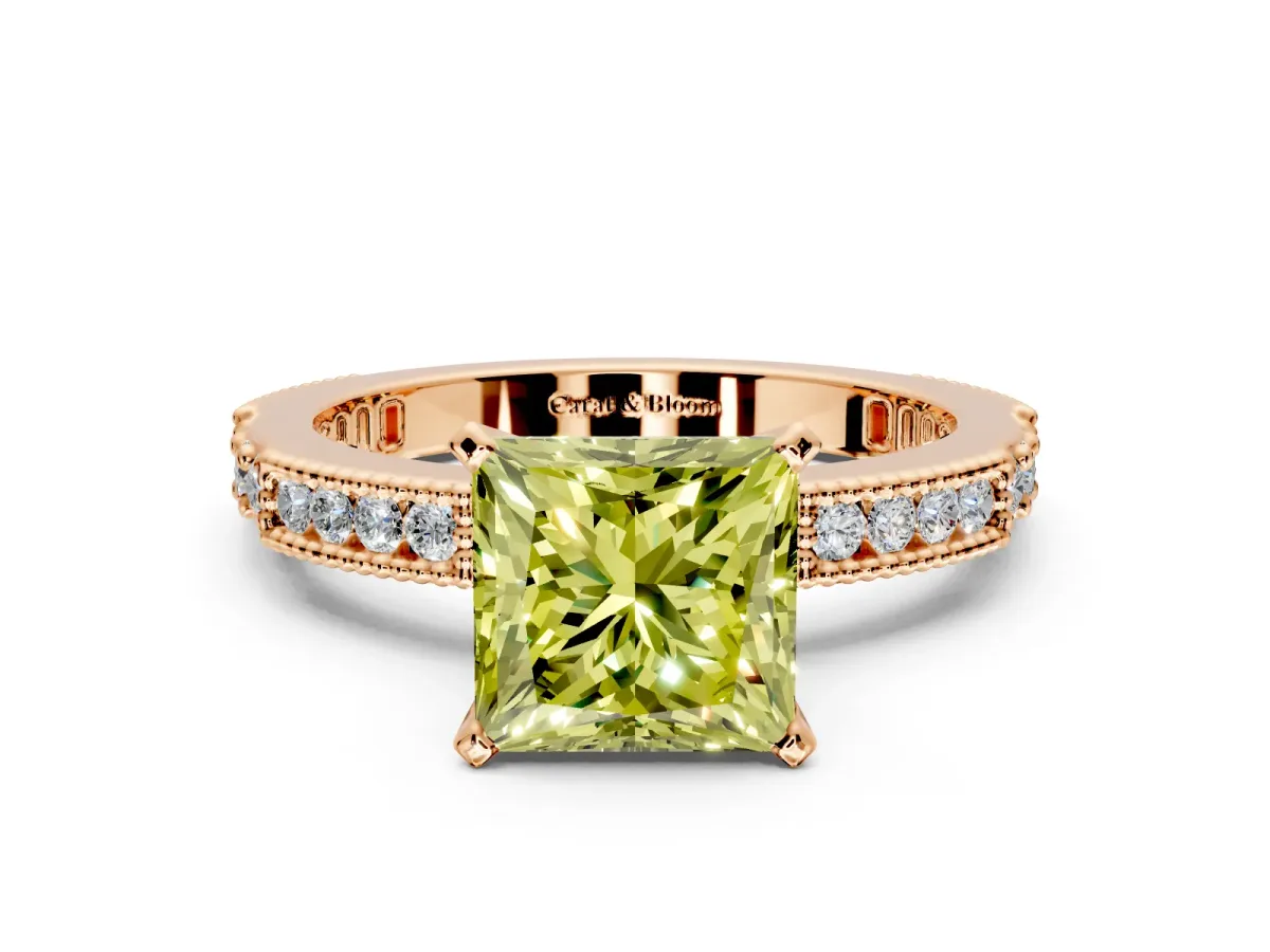 Solitaire Engagement Ring Setting for Fancy Yellow Princess Cut Center with Milgrain-Edged Pave Band and Prong Head in Rose Gold