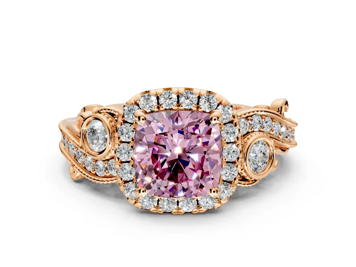 Milgrain Halo Engagement Ring Setting for Fancy Pink Cushion Cut Center with Shoulder Bezels and Prong Head in Rose Gold