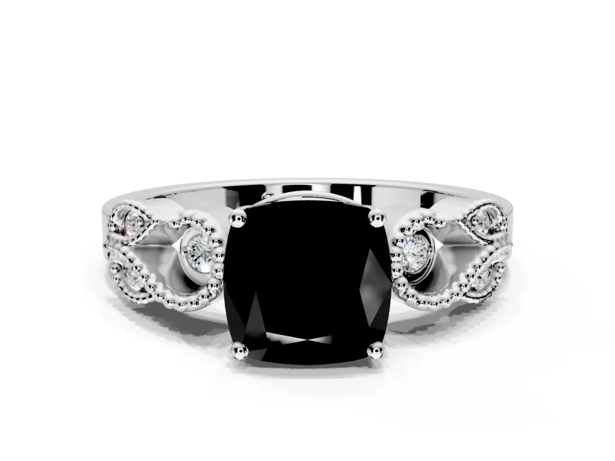 Leaf Engagement Ring Setting for Fancy Black Cushion Cut Center with Milgrain Accent Band and Prong Head in Platinum