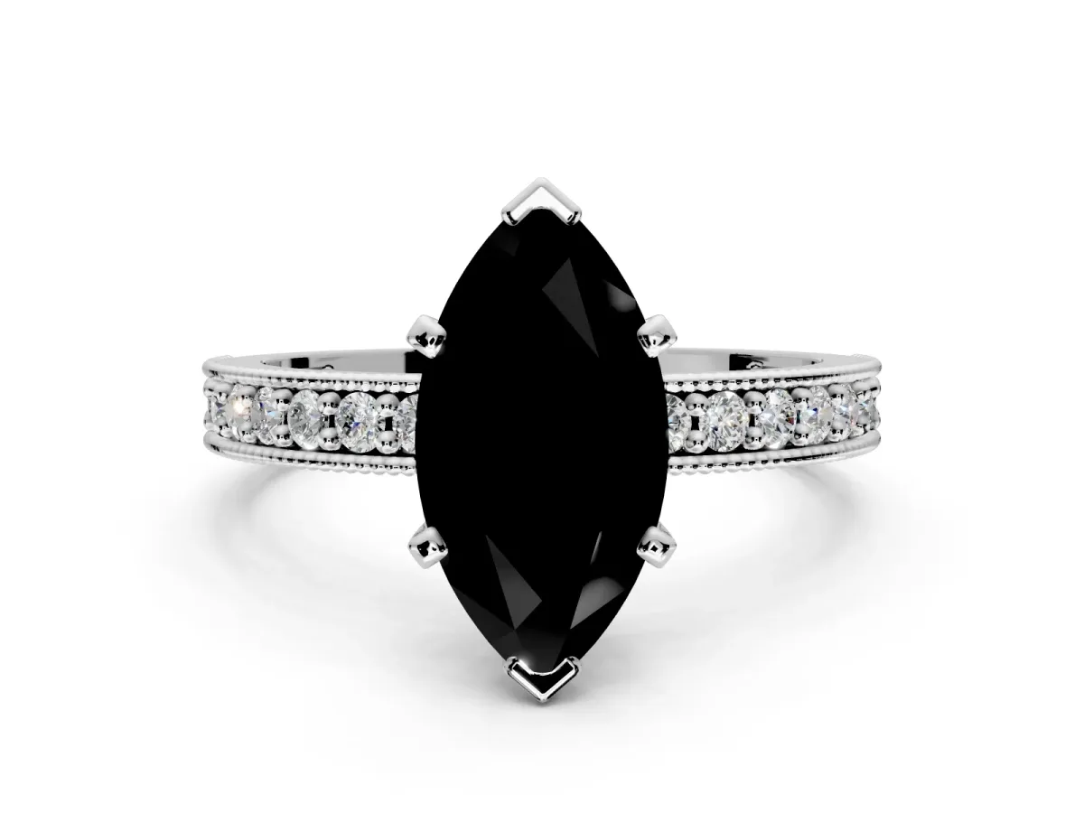 Milgrain Pave Engagement Ring Setting for Fancy Black Marquise Center with Accent Band and Prong Head in Platinum