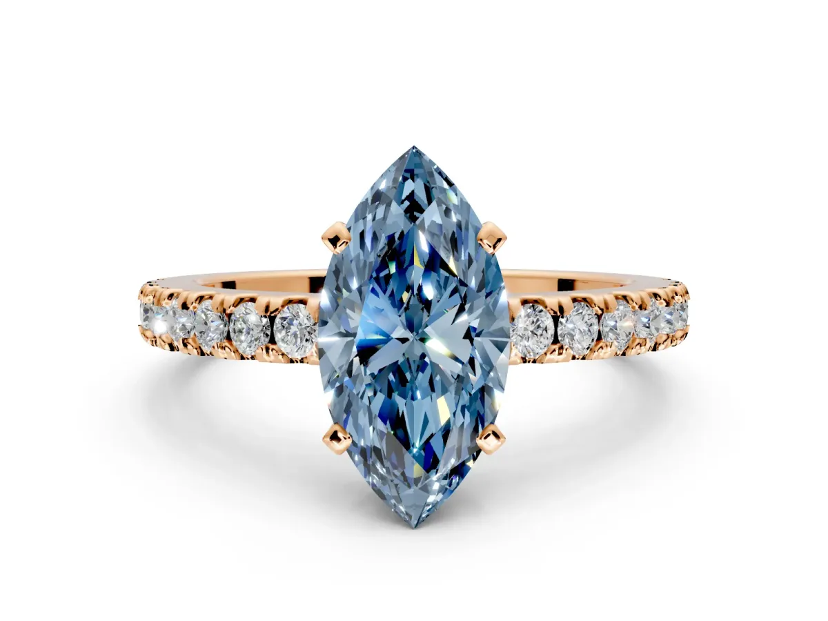 Solitaire Engagement Ring Setting for Fancy Blue Marquise Center with Single Row Accent Band and Prong Head in Rose Gold