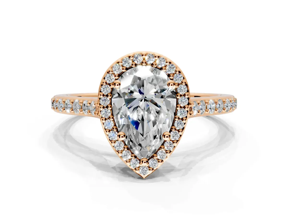 Halo Engagement Ring Setting for Pear-Shaped Center with Pave Accents, Heart Basket and Prong Head in Rose Gold