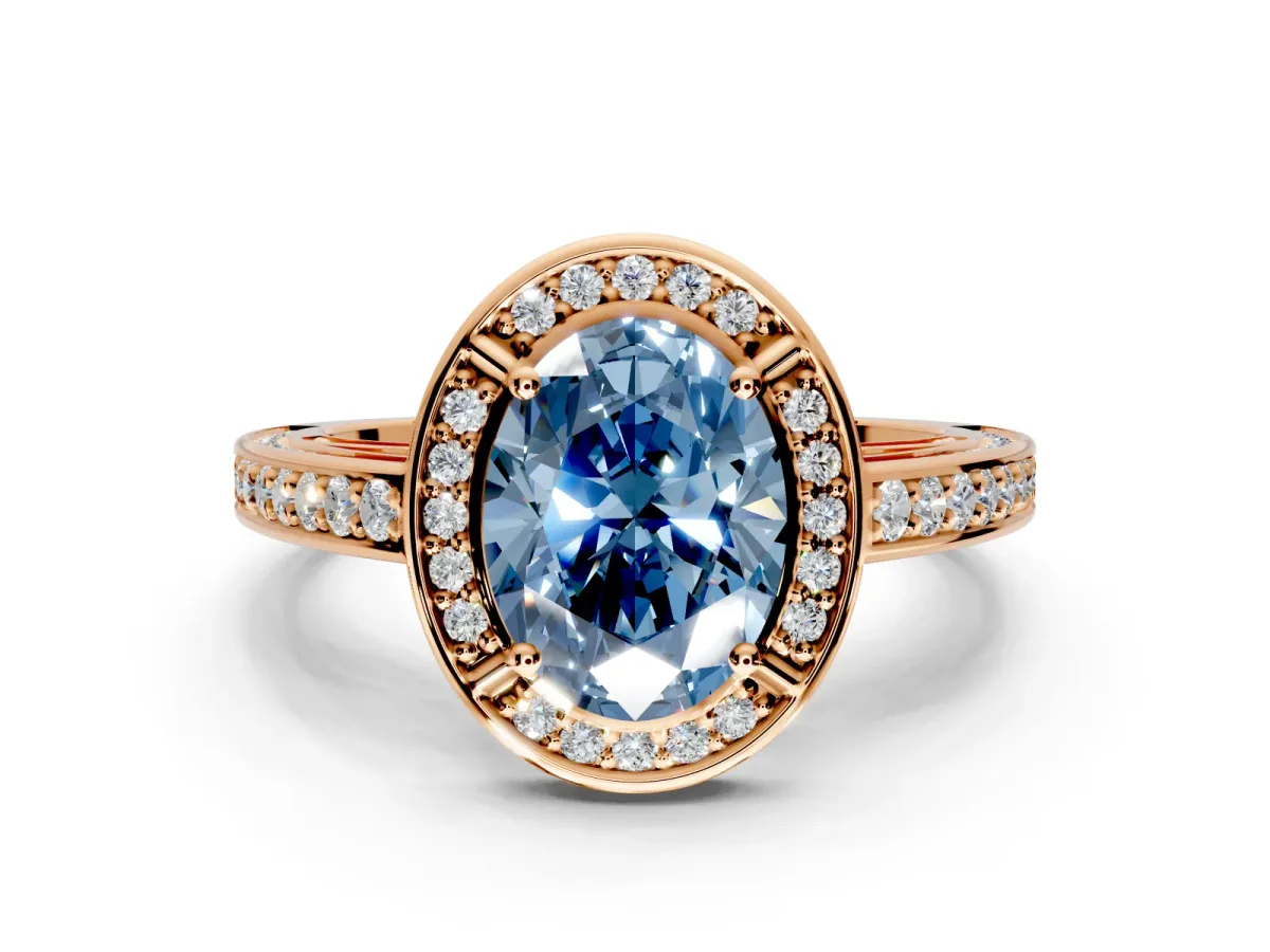 Halo Engagement Ring Setting for Fancy Blue Oval Center with Framed Halo, Pave Band and Prong Head in Rose Gold