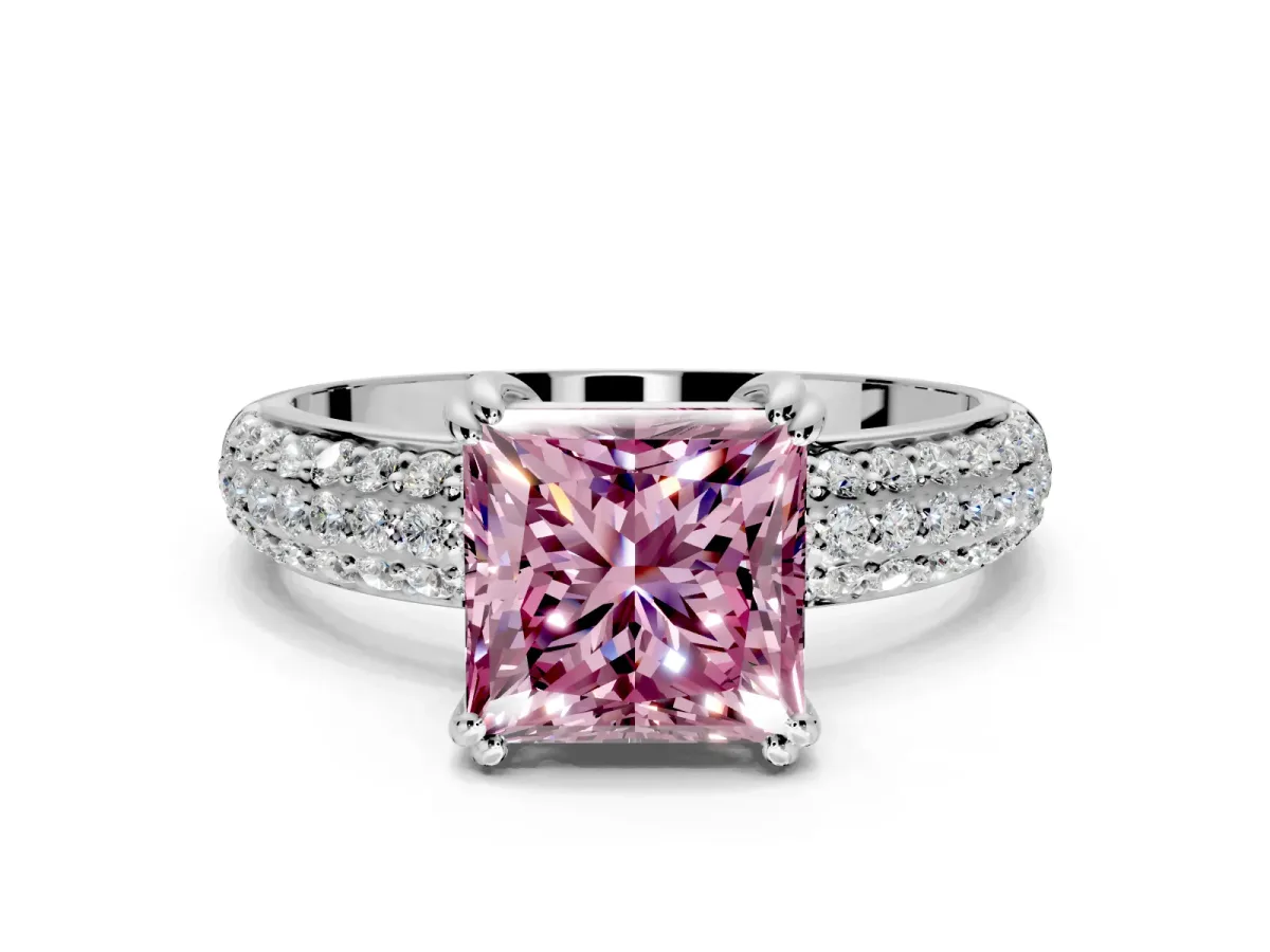 Solitaire Engagement Ring Setting for Fancy Pink Princess Cut Center with Multi-Row Pave Accents and Basket Head in Platinum