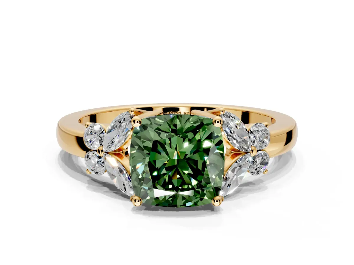 Solitaire Engagement Ring Setting for Fancy Green Cushion Cut Center with Marquise Flower Shoulders and Prong Head in Yellow Gold
