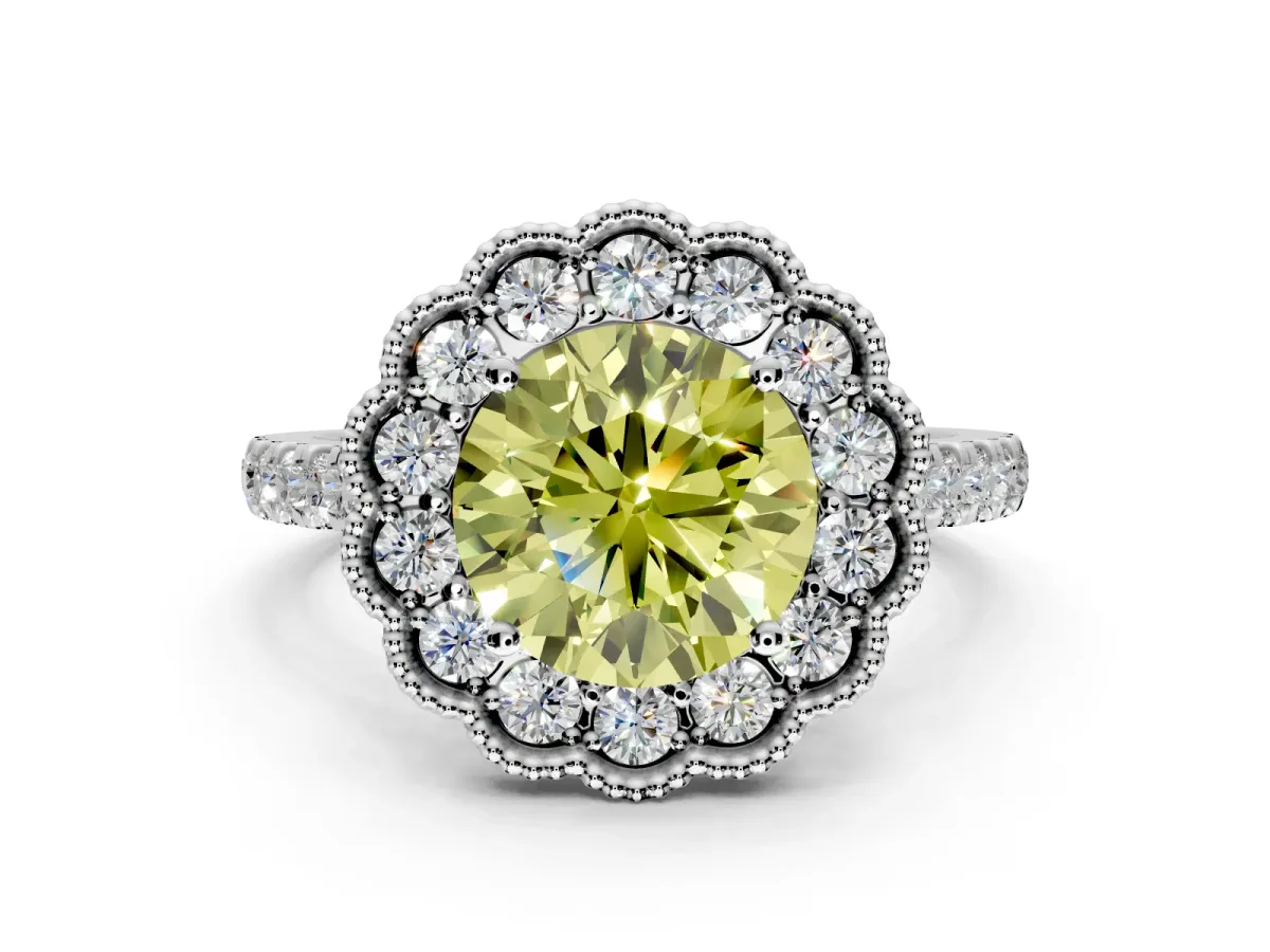 Milgrain Floral Halo Engagement Ring Setting for Fancy Yellow Round Cut Center with Pave Band and Prong Head in White Gold