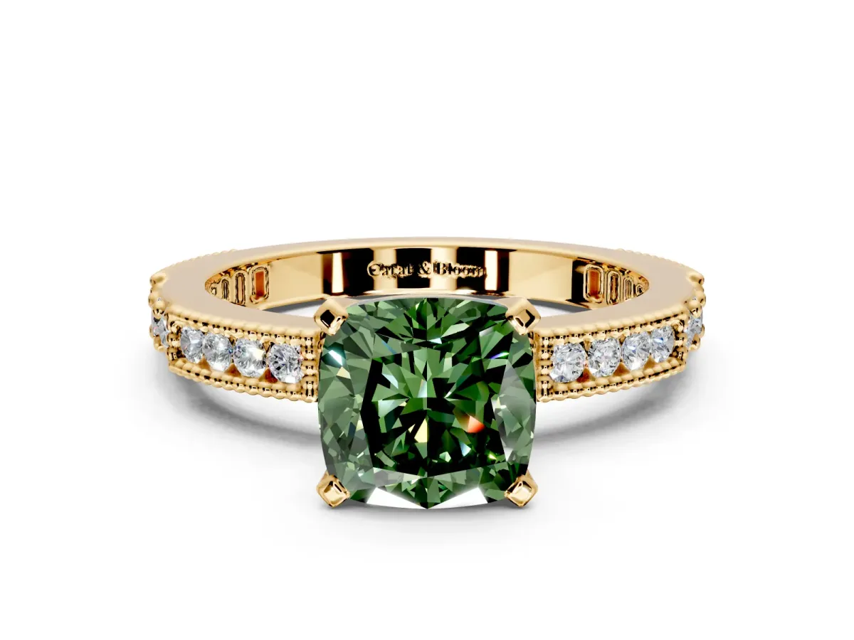 Solitaire Engagement Ring Setting for Fancy Green Cushion Cut Center with Milgrain-Edged Pave Band and Prong Head in Yellow Gold