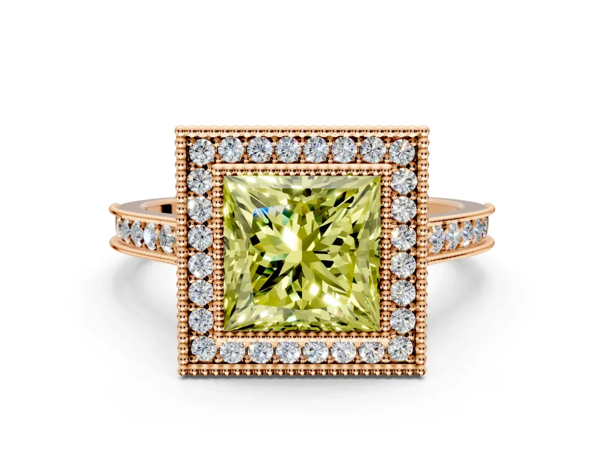 Halo Engagement Ring Setting for Fancy Yellow Princess Cut Center with Milgrain Pave Band and Bezel Head in Rose Gold