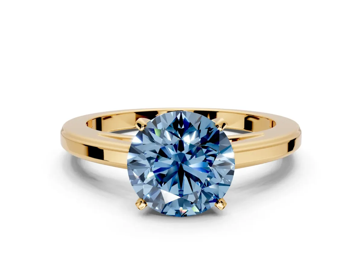 Solitaire Engagement Ring Setting for Fancy Blue Round Cut Center with Flat-Sided Plain Band and Prong Head in Yellow Gold